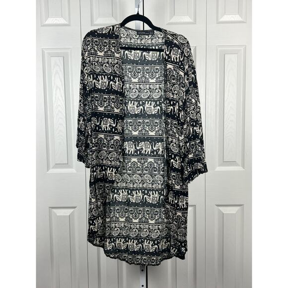 Zanzea Women's Black Elephant Print Short Sleeve Open Front Kimono Topper US 16 - Picture 4 of 8